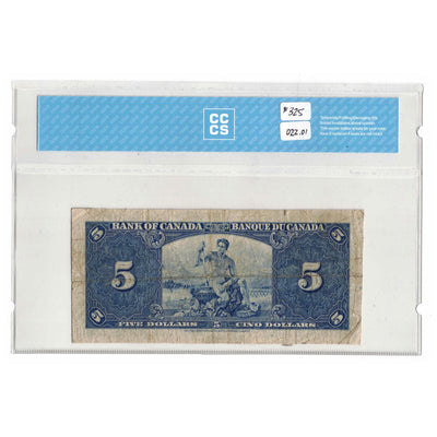 SOLD 1937 $5 Bank of Canada Note Osborne Signature BC-23a -  CCCS F-12