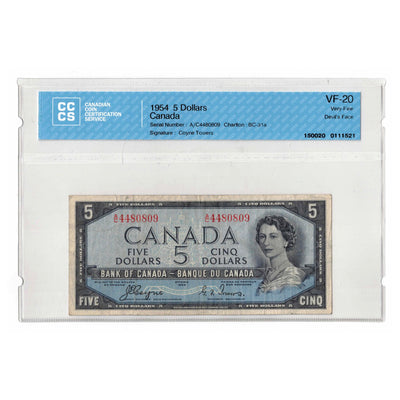 SOLD $5 1954 Bank of Canada Note Devil Face A/C Prefix BC-31a - CCCS VF-20