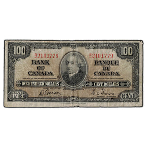SOLD $100 1937 Bank of Canada Note Gordon-Towers B/J Prefix BC-27b - Circulated