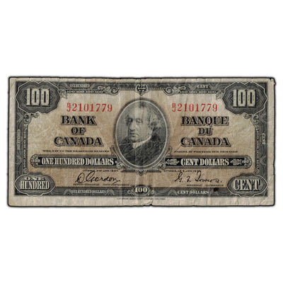 SOLD $100 1937 Bank of Canada Note Gordon-Towers B/J Prefix BC-27b - Circulated