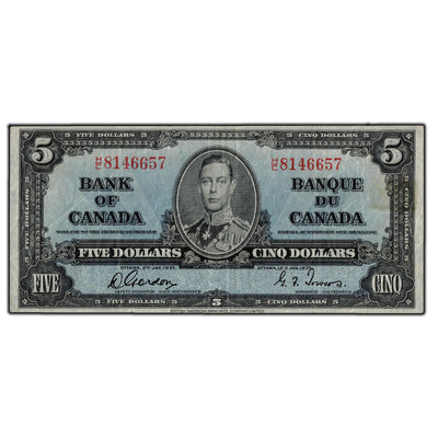 SOLD $5 1937 Bank of Canada Note Gordon-Towers H/C Prefix BC-23b - Trimmed