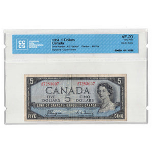 SOLD $5 1954 Bank of Canada Note Devil Face A/C Prefix BC-31a - CCCS VF-20
