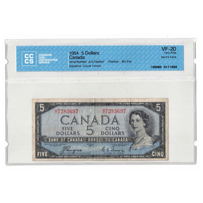 SOLD $5 1954 Bank of Canada Note Devil Face A/C Prefix BC-31a - CCCS VF-20