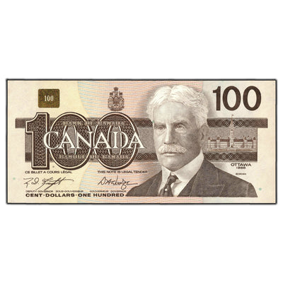 SOLD $100 1988 Bank of Canada Note Knight-Dodge BJR Changeover Prefix BC-60d - Ch UNC