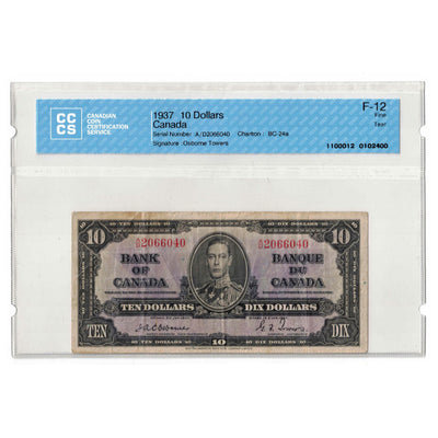 SOLD 1937 $10 Bank of Canada Note Osborne Signature A/D Prefix BC-24a -  CCCS F-12