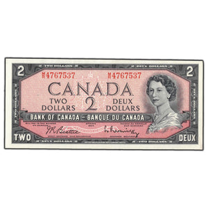 SOLD $2 1954 Bank of Canada Note Beattie-Rasminsky M/R Prefix BC-38b - AU-55