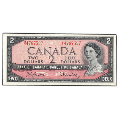 SOLD $2 1954 Bank of Canada Note Beattie-Rasminsky M/R Prefix BC-38b - AU-55