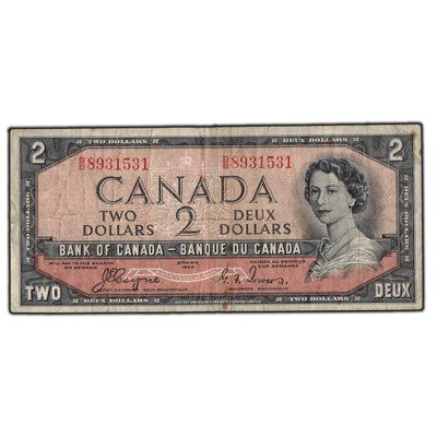 SOLD $2 1954 Bank of Canada Note Devil Face B/B Prefix BC-30a - Minor Staining