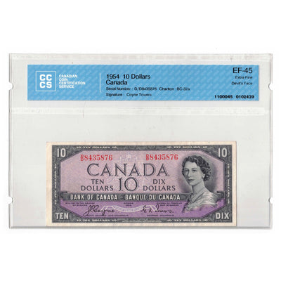SOLD $10 1954 Bank of Canada Note Devil Face D/D Prefix BC-32a - CCCS EF-45