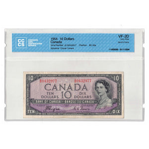 SOLD $10 1954 Bank of Canada Note Devil Face D/D Prefix BC-32a - CCCS VF-20