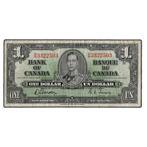 SOLD $1 1937 Bank of Canada Note Gordon-Towers B/M Prefix BC-21c - Minor Staining