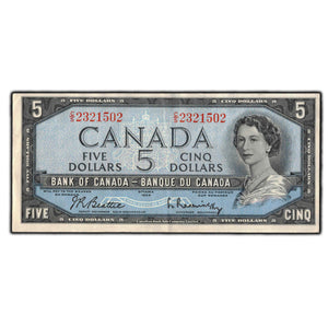 SOLD $5 1954 Bank Of Canada Note Beattie-Rasminsky C/S Prefix BC-39b - EF-40
