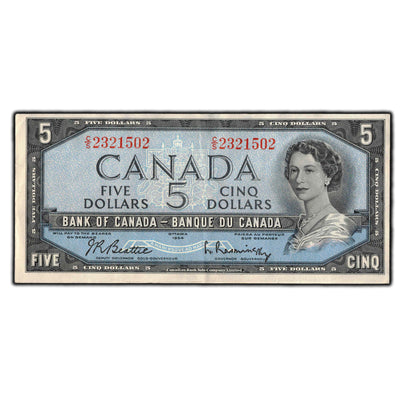 SOLD $5 1954 Bank Of Canada Note Beattie-Rasminsky C/S Prefix BC-39b - EF-40
