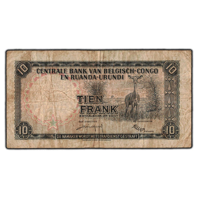 SOLD Belgian Congo 1957 10 Francs Note P #30
