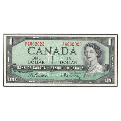 SOLD $1 1954 Bank of Canada Note Beattie-Rasminsky B/F Prefix BC-37b-i - AU-55