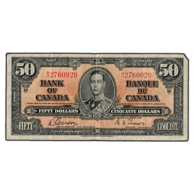 SOLD $50 1937 Bank of Canada Gordon-Towers B/H Prefix BC-26b - Missing Corner