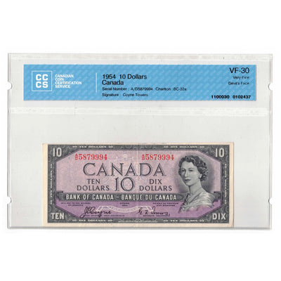 SOLD $10 1954 Bank of Canada Note Devil Face A/D Prefix BC-32a - CCCS VF-30