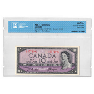 SOLD $10 1954 Bank of Canada Note Devil Face I/D Prefix BC-32b - CCCS AU-50