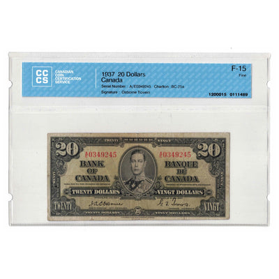 SOLD 1937 $20 Bank of Canada Note Osborne Signature BC-25a -  CCCS F-15