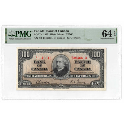 SOLD $100 1937 Bank of Canada Note Gordon-Towers B/J Prefix BC-27b - PMG UNC-64 EPQ