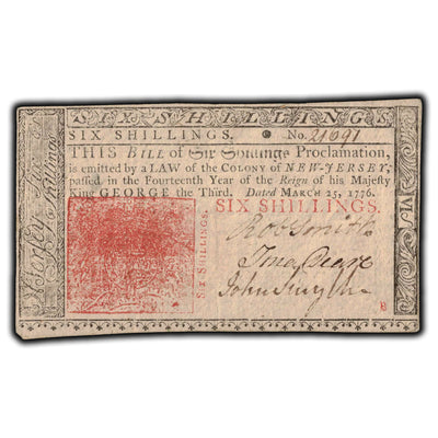 SOLD United States 1776 New Jersey 6 Shillings Colonial Note