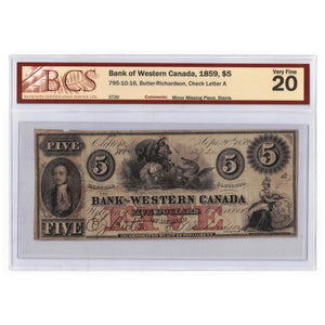 SOLD $5 1859 Bank Of Western Canada Note CH #795-10-16 - BCS VF-20