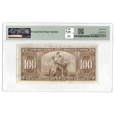 SOLD $100 1937 Bank of Canada Note Gordon-Towers B/J Prefix BC-27b - PMG UNC-64 EPQ