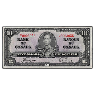 SOLD $10 1937 Bank of Canada Note Coyne-Towers K/T Prefix BC-24c - About EF (pinhole)