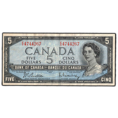 SOLD $5 1954 Bank Of Canada Note Beattie-Rasminsky E/S Prefix BC-39b - VF-20