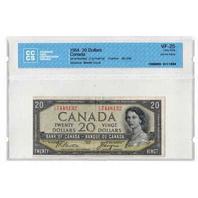 SOLD $20 1954 Bank of Canada Note Devil Face C/E Prefix BC-33b - CCCS VF-25