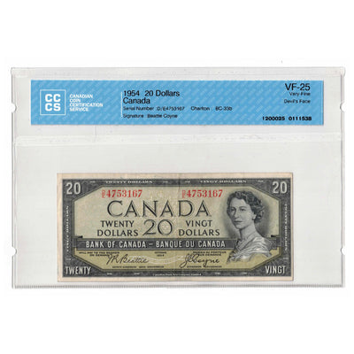 SOLD $20 1954 Bank of Canada Note Devil Face D/E Prefix BC-33b - CCCS VF-25