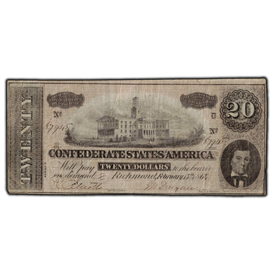 SOLD United States 1864 $20 Confederate States of America Note