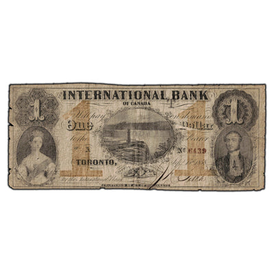 SOLD $1 1858 International Bank of Canada Note CH #380-10-12-04 - Very Large Tear