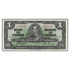 SOLD $1 1937 Bank of Canada Note Coyne-Towers U/N Prefix  BC-21d - EF-40