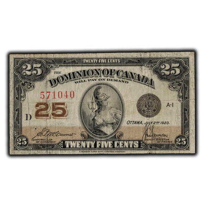 SOLD 25 Cents 1923 Dominion of Canada Shinplaster Note DC-24c - Pinholes