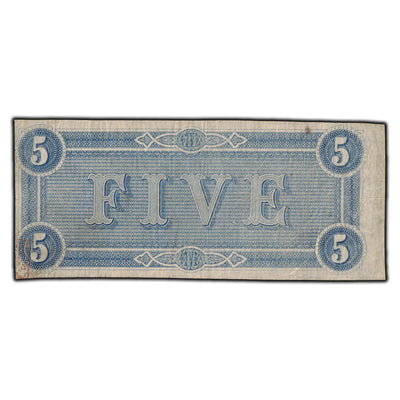 SOLD United States 1864 $5 Confederate States of America Note