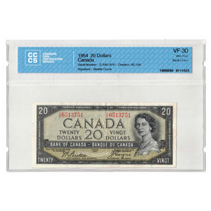 SOLD $20 1954 Bank of Canada Note Devil Face C/E Prefix BC-33b - CCCS VF-30