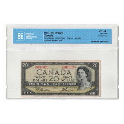 SOLD $20 1954 Bank of Canada Note Devil Face C/E Prefix BC-33b - CCCS VF-20
