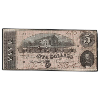 SOLD United States 1864 $5 Confederate States of America Note