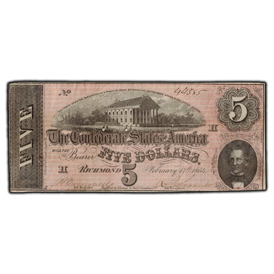 SOLD United States 1864 $5 Confederate States of America Note