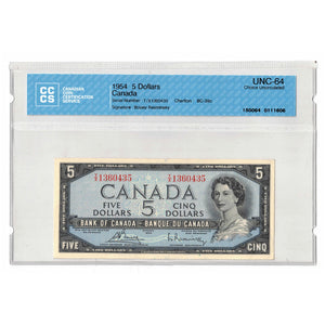 SOLD $5 1954 Bank of Canada Note Bouey-Rasminsky U/X Prefix BC-39c - CCCS UNC-64