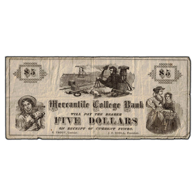 SOLD $5 C.1800's Mercantile College Bank Canada Note