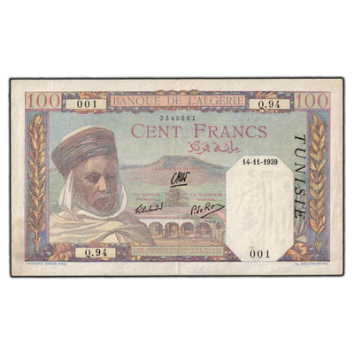 SOLD Algeria Tunisia 1939 100 Francs Note