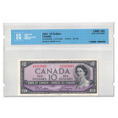 SOLD $10 1954 Bank of Canada Note Beattie-Coyne L/D Prefix BC-40a - CCCS UNC-65