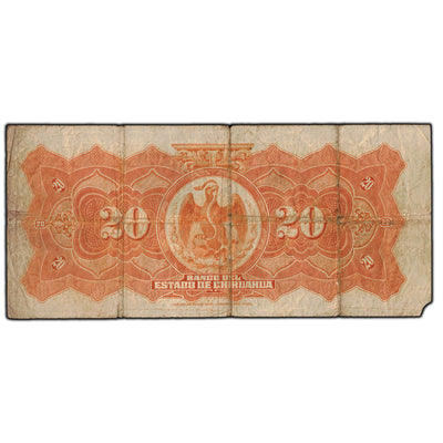 SOLD Mexico El Banco Del Estado De Chihuahua 1913 20 Pesos Note - Missing Corner