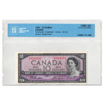SOLD $10 1954 Bank of Canada Note Beattie-Coyne P/D Prefix BC-40a - CCCS UNC-64