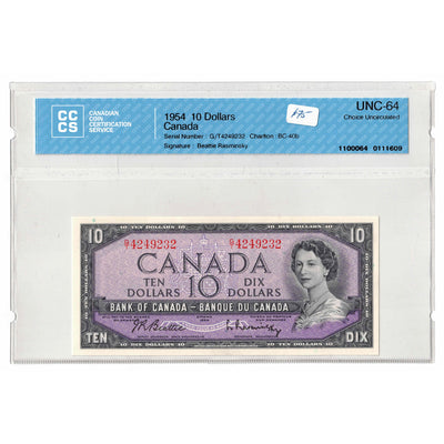 SOLD $10 1954 Bank of Canada Note Beattie-Rasminsky G/T Prefix BC-40b - CCCS UNC-64