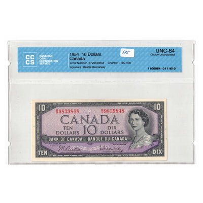 SOLD $10 1954 Bank of Canada Note Beattie-Rasminsky I/V Prefix BC-40b - CCCS UNC-63