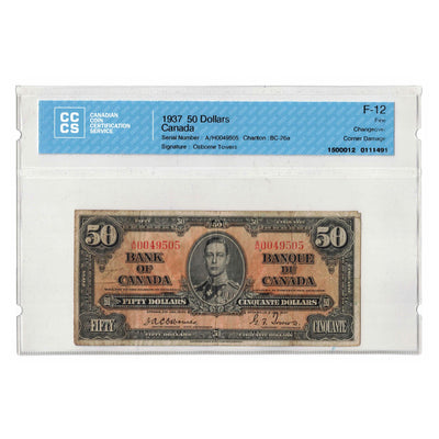 SOLD 1937 $50 Bank Of Canada Note Osborne Signature BC-26a -  CCCS F-12 (corner damage)
