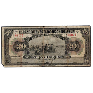 SOLD Mexico El Banco Del Estado De Chihuahua 1913 20 Pesos Note - Missing Corner